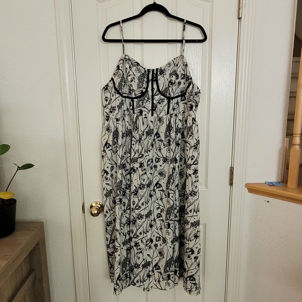 Black White Floral Corset Bodice Midi Dress Botanical Print Sz 2XL Coquette